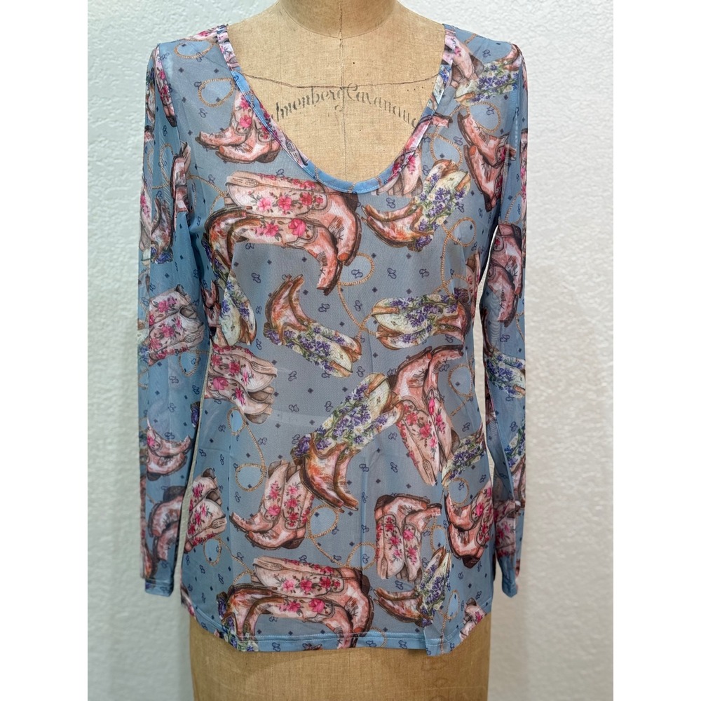 A Rare Bird Cowgirl Boots Blue Floral Print Sheer Mesh Layering‎ Top Size SM NWT